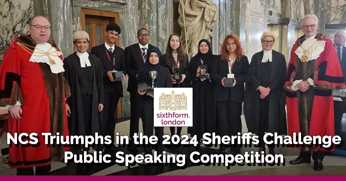 Newham Collegiate Sixth Form students pose with their 2024 Sheriffs Challenge trophy at the Old Bailey.
